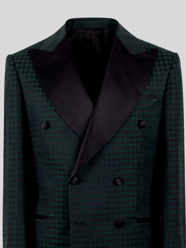 Forest Green Houndstooth Satin Peak-Lapel Six-Button Double-Breasted Tuxedo Jacket 08