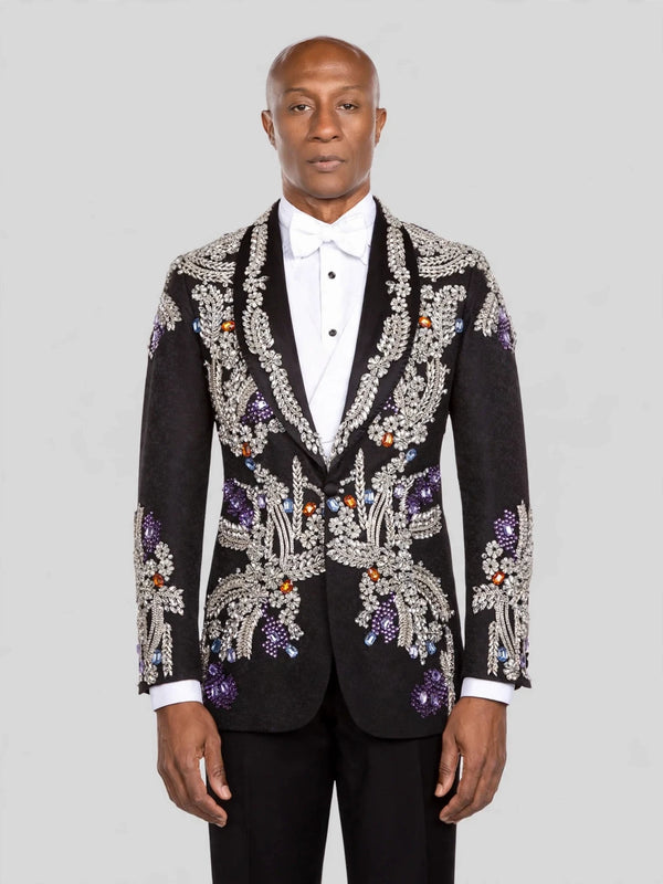 Onyx Silver Gem-Floral Shawl-Collar Tuxedo Jacket - cover