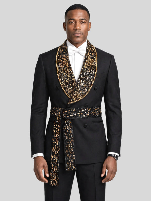 Onyx Gold Crystal Belted Shawl-Collar Double-Breasted Tuxedo Jacket - cover