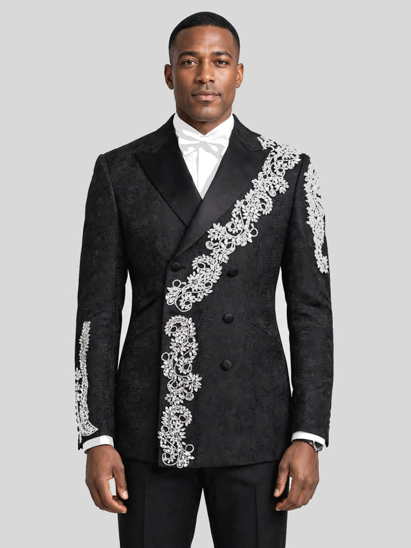 Onyx Silver Crystal Cascade Double-Breasted Tuxedo Jacket - cover