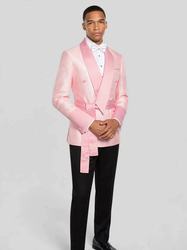 Blush Pink Silver-Speckle Satin Sash-Belt Shawl-Collar Tuxedo Jacket 03