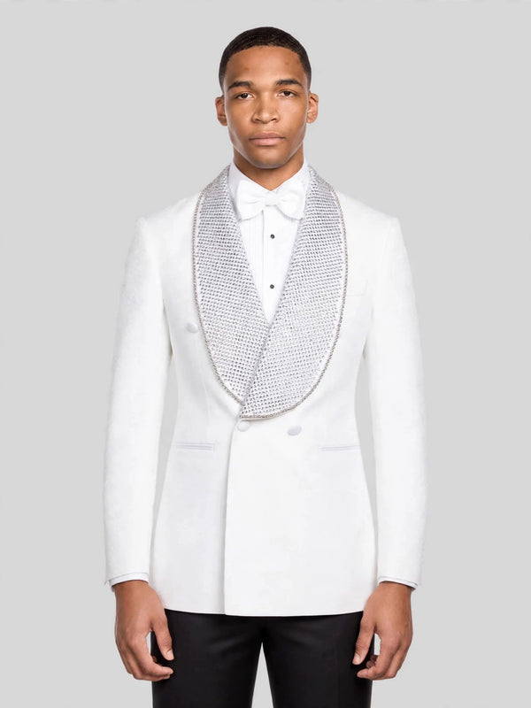 Ivory Crystal-Mesh Shawl-Collar Double-Breasted Tuxedo Jacket 03