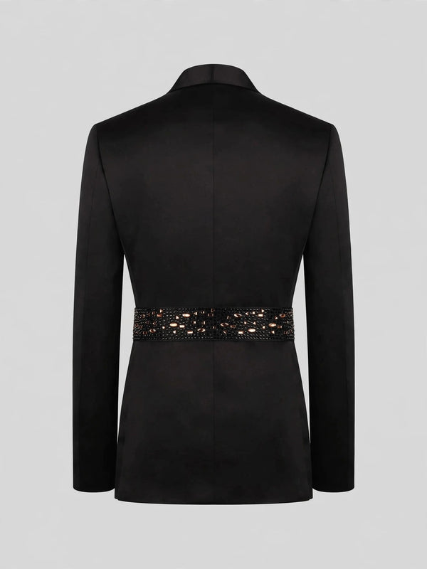 Onyx Gold Crystal Belted Shawl-Collar Double-Breasted Tuxedo Jacket 09