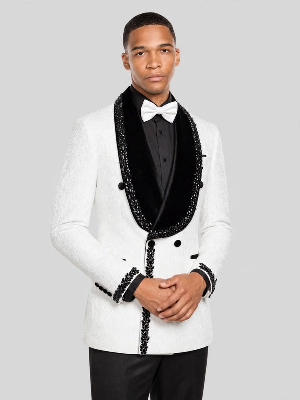 Ivory Jet-Leaf Velvet Shawl-Collar Double-Breasted Tuxedo Jacket 05