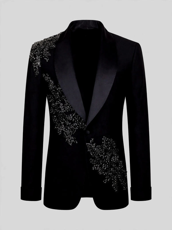 Onyx Silver Bead-Scatter Shawl-Collar Tuxedo Jacket 07