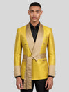 Mustard Gold Belted Satin Shawl-Collar Two-Button Double-Breasted Tuxedo Jacket 04