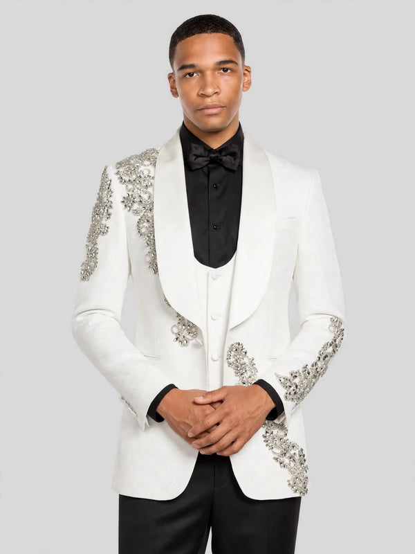 Ivory Silver Crystal Floral Diagonal Shawl-Collar Tuxedo Jacket 06