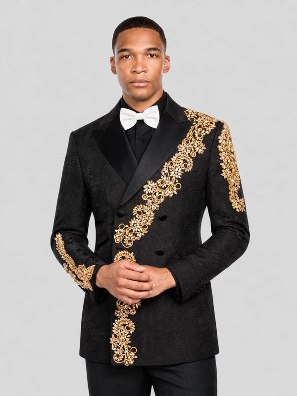 Onyx Gold Crystal Cascade Double-Breasted Tuxedo Jacket 05