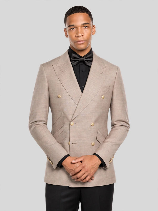 Taupe Gold-Button Slant-Flap Peak-Lapel Double-Breasted Suit Jacket 06