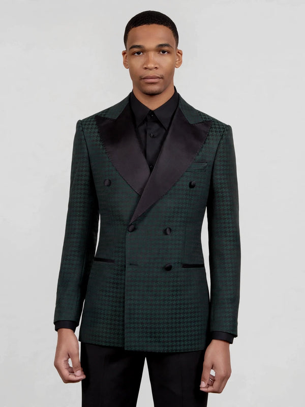Forest Green Houndstooth Satin Peak-Lapel Six-Button Double-Breasted Tuxedo Jacket 04