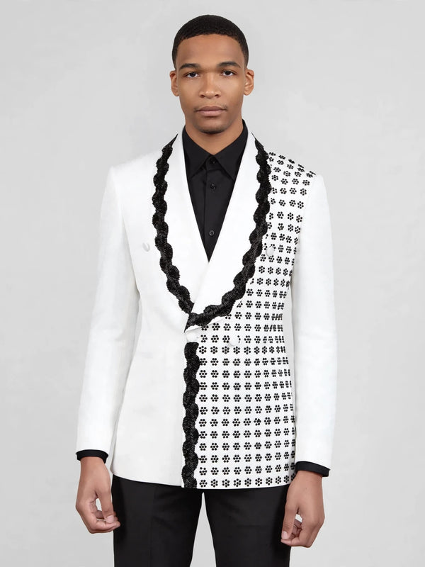 Ivory Jet Floral-Grid Scalloped Shawl-Collar Double-Breasted Tuxedo Jacket 04