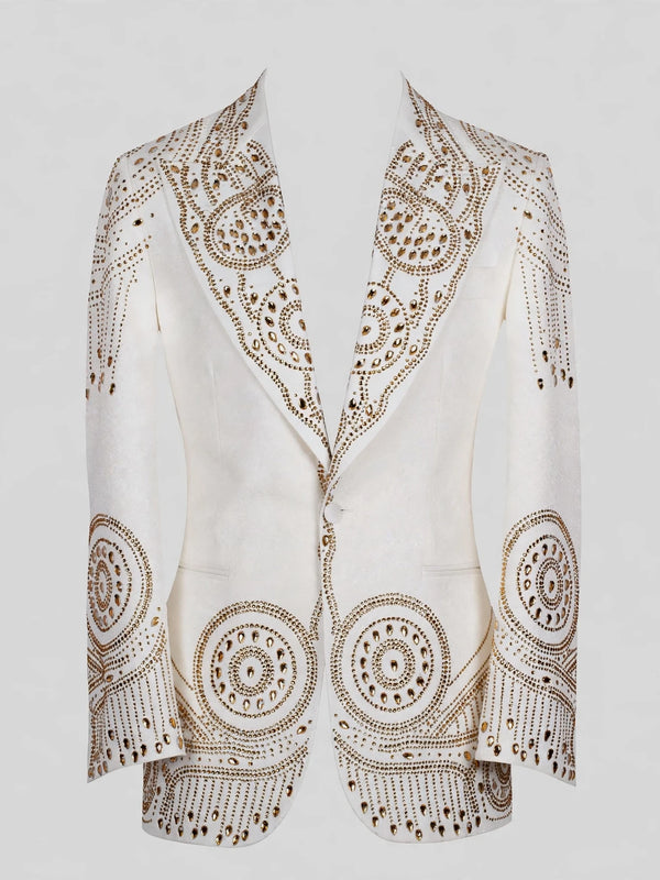 Ivory Gold Crystal Mandala Peak-Lapel Tuxedo Jacket 07
