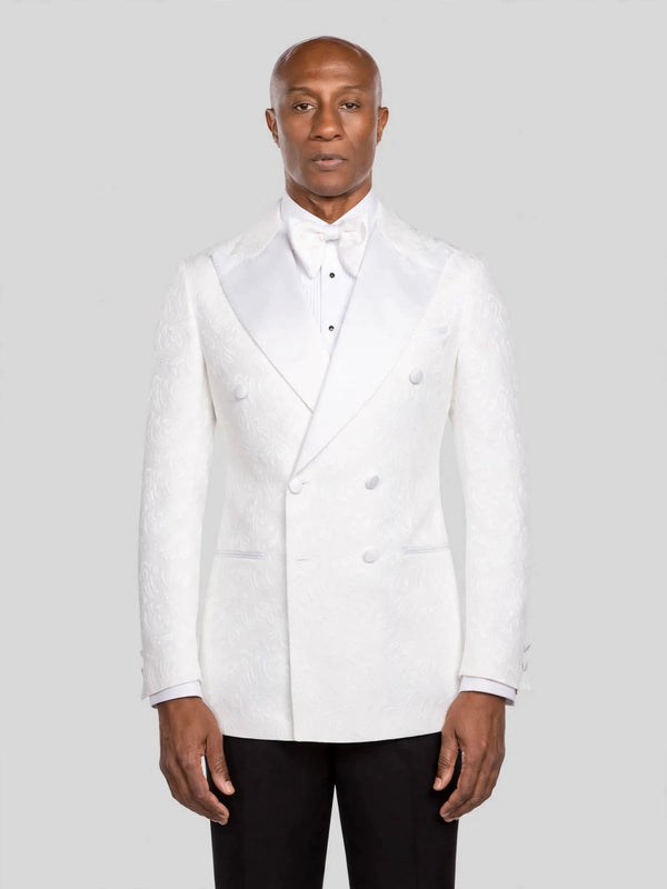 Snow White Paisley-Jacquard Satin Peak-Lapel Six-Button Double-Breasted Tuxedo Jacket - cover