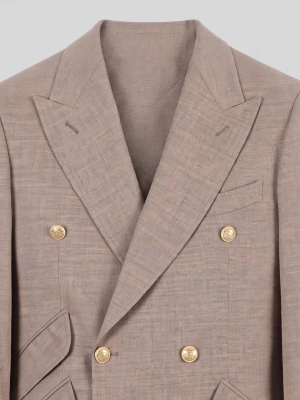 Taupe Gold-Button Slant-Flap Peak-Lapel Double-Breasted Suit Jacket 08