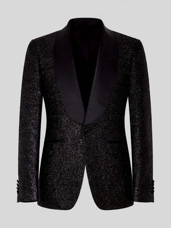 Onyx Glitter-Tweed Satin Shawl-Collar Single-Button Tuxedo Jacket 07