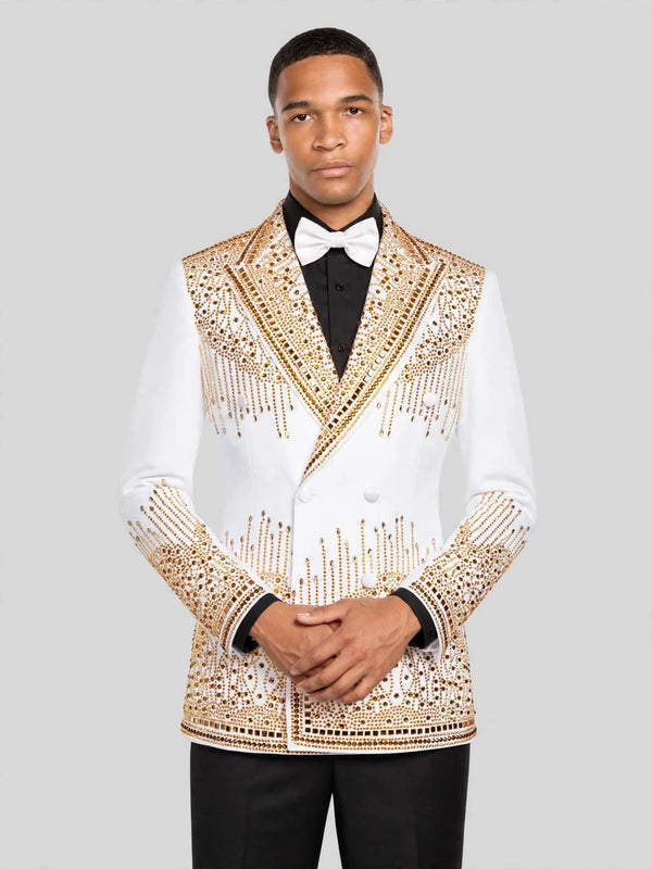 Ivory Gold Crystal Cascade Peak-Lapel Double-Breasted Tuxedo Jacket 05