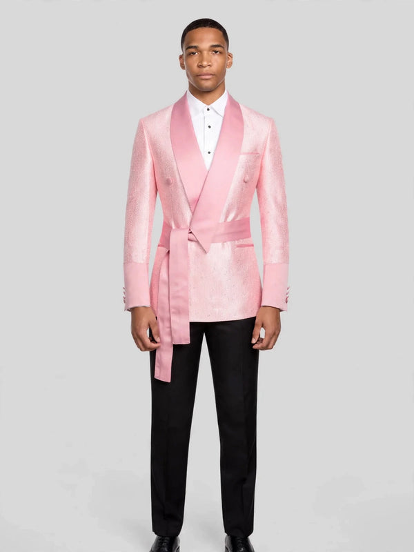 Blush Pink Silver-Speckle Satin Sash-Belt Shawl-Collar Tuxedo Jacket 01