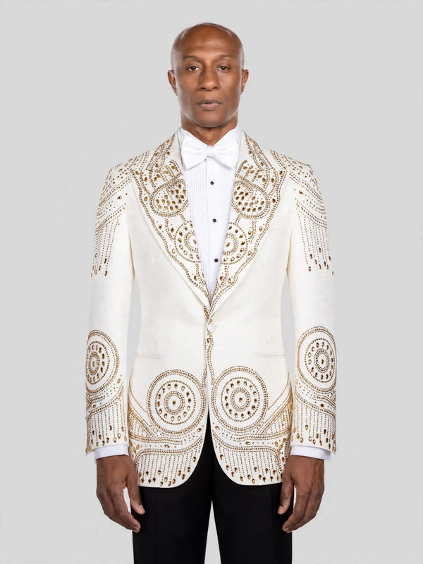 Ivory Gold Crystal Mandala Peak-Lapel Tuxedo Jacket - cover