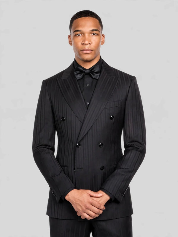 Onyx Wide Shadow-Stripe Six-Button Peak-Lapel Double-Breasted Suit Jacket 06