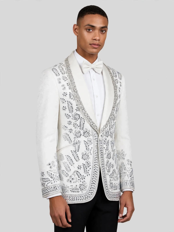 Ivory Silver Crystal Floral Shawl-Collar Tuxedo Jacket 03