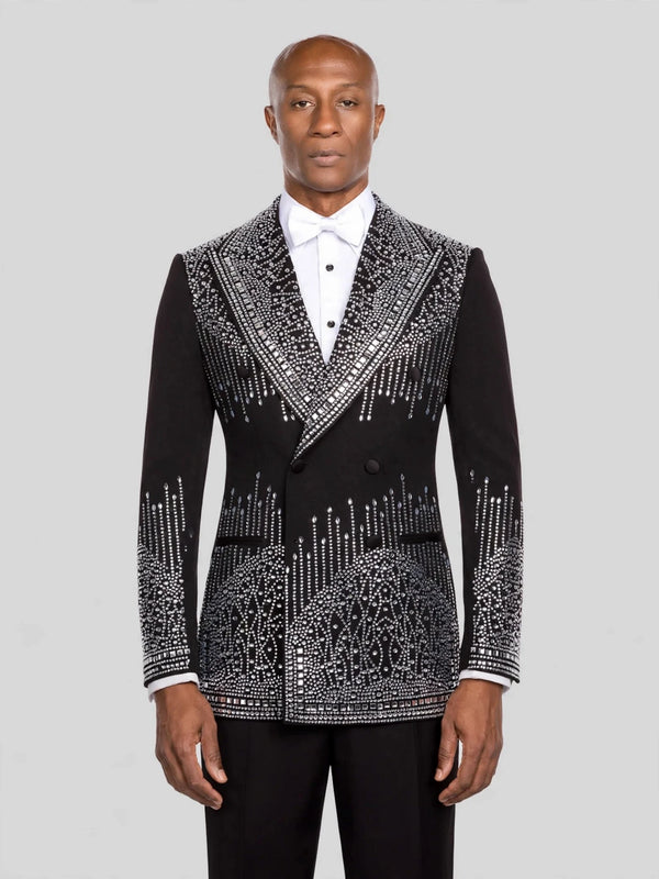 Onyx Silver Crystal Drip Peak-Lapel Double-Breasted Tuxedo Jacket - cover