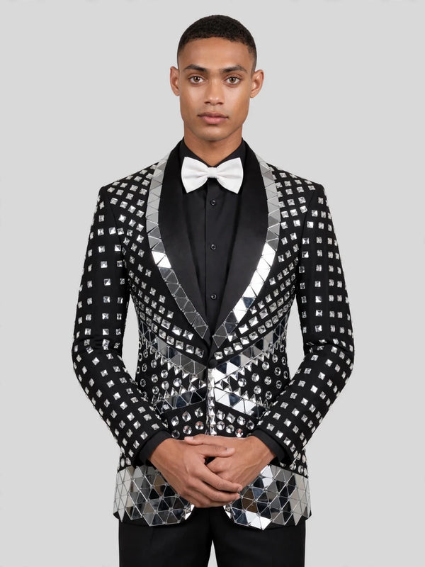 Onyx Silver Mirror-Mosaic Shawl-Collar Tuxedo Jacket 05