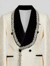 Cream Silver Crystal Velvet Shawl-Collar Double-Breasted Tuxedo Jacket 08