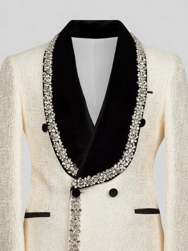 Cream Silver Crystal Velvet Shawl-Collar Double-Breasted Tuxedo Jacket 08