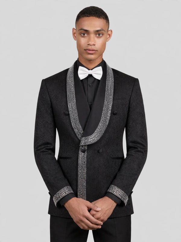 Onyx Silver Crystal-Grid Shawl-Collar Double-Breasted Tuxedo Jacket 05