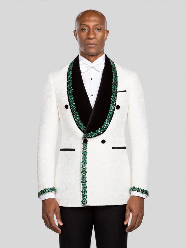 Ivory Emerald Crystal-Trim Black Shawl-Collar Double-Breasted Tuxedo Jacket - cover