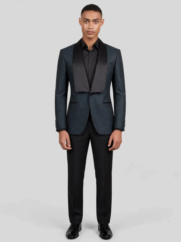 Slate Grey Diamond-Texture Satin Shawl-Collar Tuxedo Jacket 04