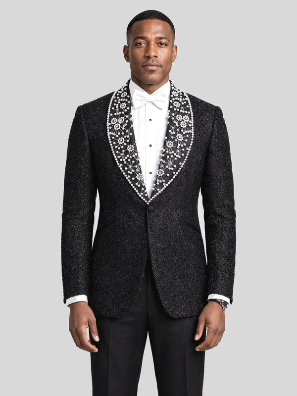 Onyx Silver Pearl-Floral Shawl-Collar Tuxedo Jacket - cover