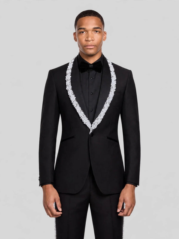 Onyx Silver Crystal-Trim Shawl-Collar Tuxedo Jacket 06