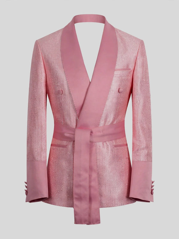 Blush Pink Silver-Speckle Satin Sash-Belt Shawl-Collar Tuxedo Jacket 07