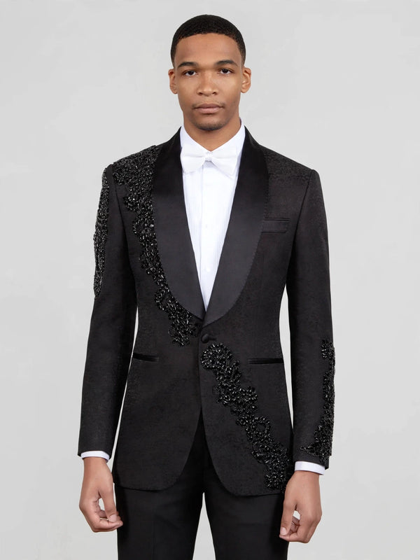 Onyx Jet Beaded Diagonal Shawl-Collar Tuxedo Jacket 03