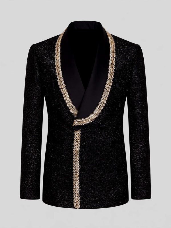Onyx Gold Laurel-Leaf Crystal Shawl-Collar Double-Breasted Tuxedo Jacket 07