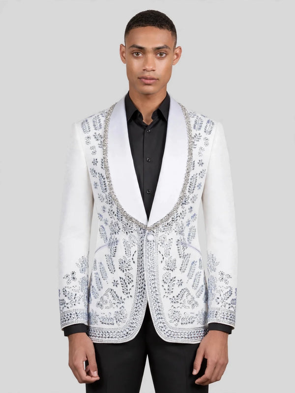 Ivory Silver Crystal Floral Shawl-Collar Tuxedo Jacket 04