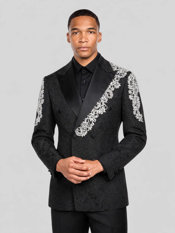 Onyx Silver Crystal Double-Breasted Tuxedo Jacket 04
