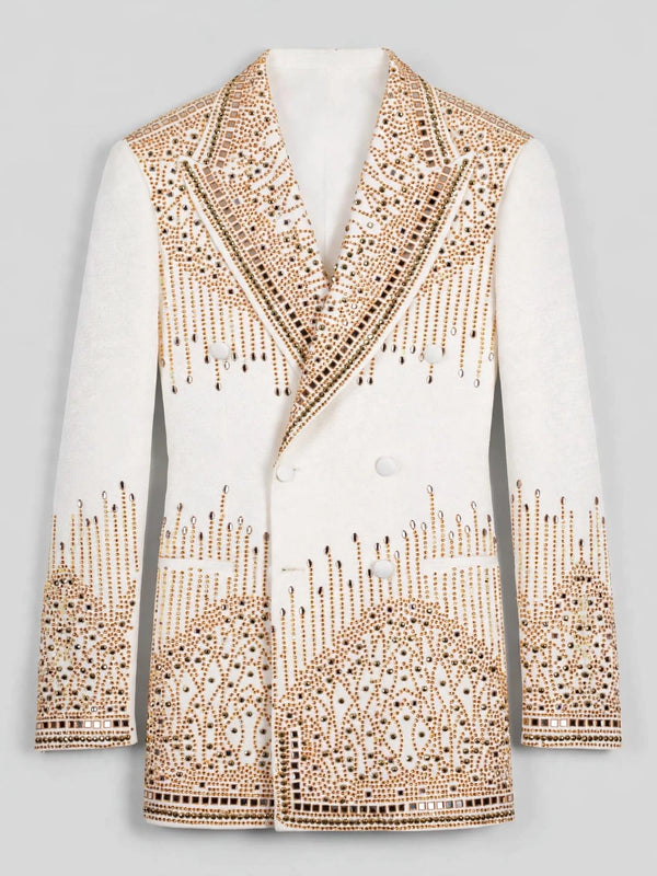 Ivory Champagne Mirror-Stud Crystal Cascade Peak-Lapel Double-Breasted Tuxedo Jacket 07