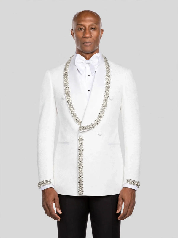 Ivory Silver Crystal-Trim Shawl-Collar Double-Breasted Tuxedo Jacket - cover