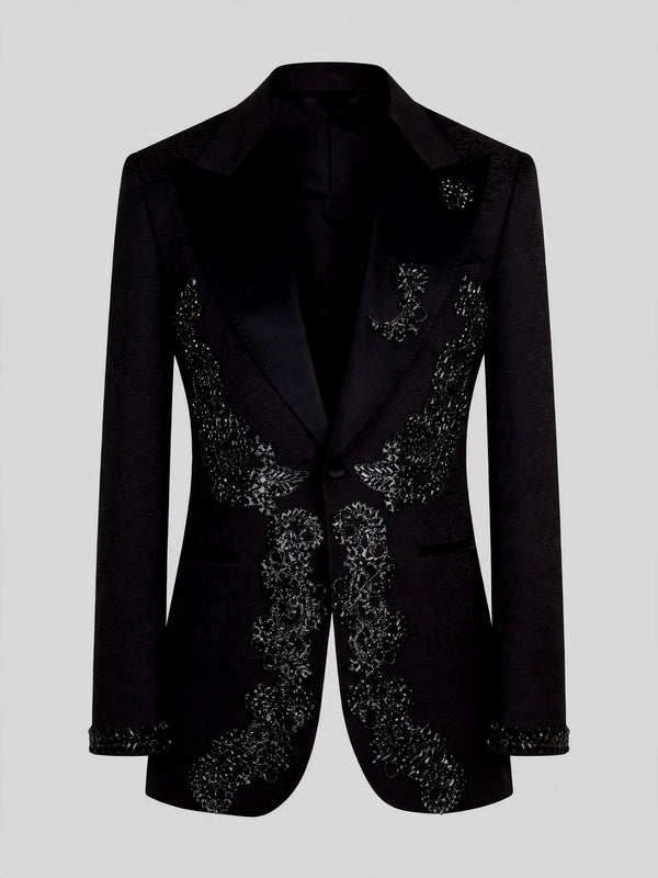 Onyx Jet Lace-Motif Peak-Lapel Tuxedo Jacket 07