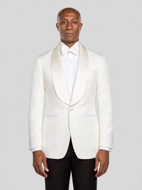 Ivory Jacquard Jetted-Pocket Satin Shawl-Collar Tuxedo Jacket - cover