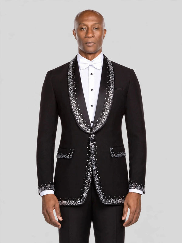 Onyx Silver Crystal Perimeter Shawl-Collar Tuxedo Jacket - cover