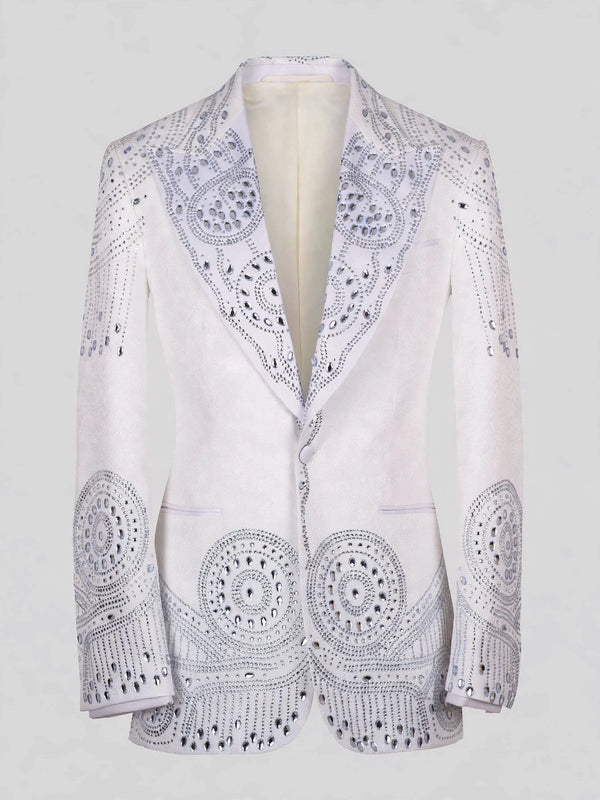 Ivory Silver Mandala-Lace Peak-Lapel Tuxedo Jacket 07