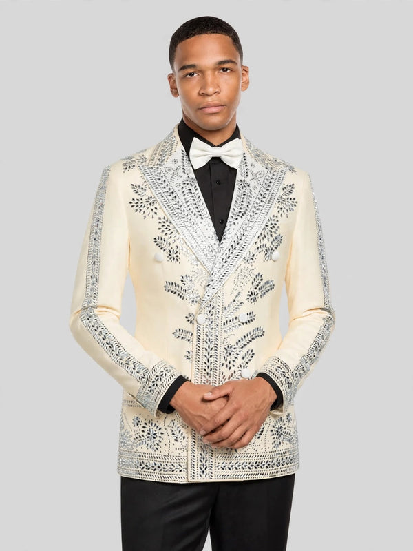 Cream Silver Mirror-Leaf Peak-Lapel Double-Breasted Tuxedo Jacket 05