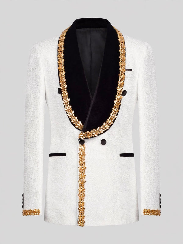 Ivory Gold-Leaf Velvet Shawl-Collar Double-Breasted Tuxedo Jacket 07
