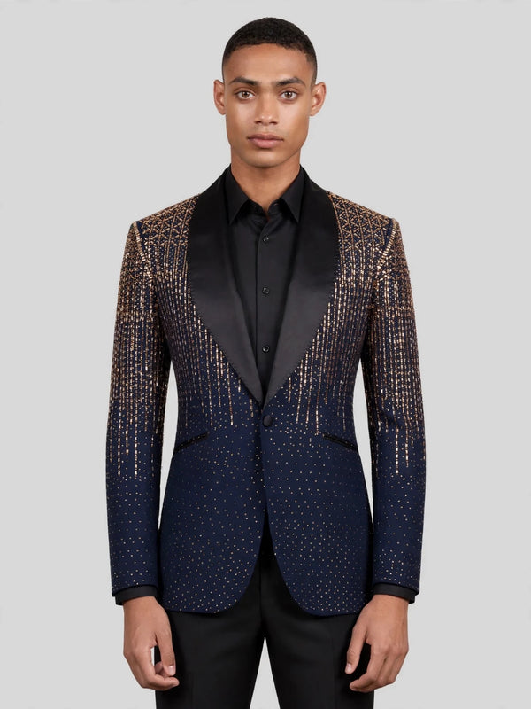 Midnight Gold Crystal Gradient Shawl-Collar Tuxedo Jacket 04