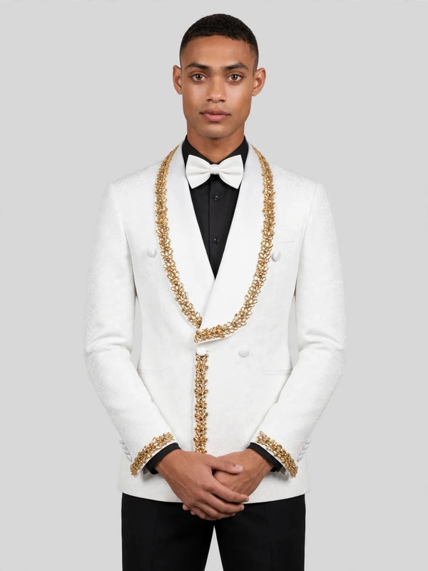 Ivory Gold Crystal-Trim Shawl-Collar Double-Breasted Tuxedo Jacket 05
