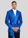 Royal Blue Ribbed-Weave Satin Shawl-Collar Sash-Belt Two-Button Double-Breasted Tuxedo Jacket 03