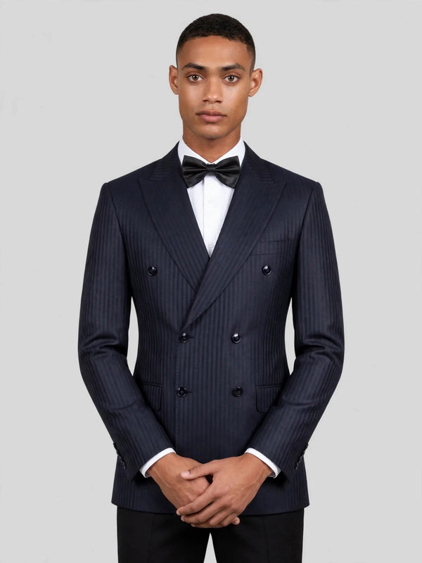 Midnight Navy Pinstripe Six-Button Peak-Lapel Double-Breasted Suit Jacket 02